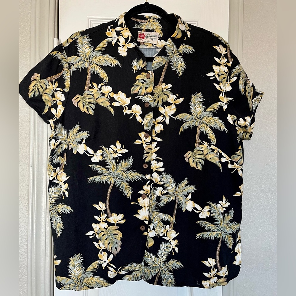 VTG Hilo Hattie Hawaiian Shirt Women’s XL Palm Trees & Plumerias Made in Hawaii